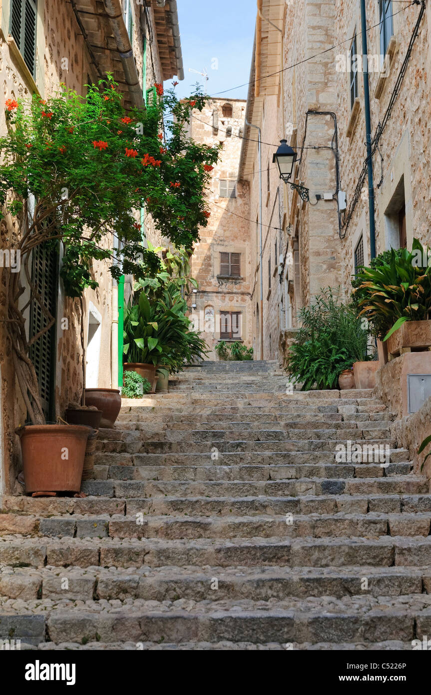 Street in the mountain village of Fornalutx, Majorca, Spain, Europe Stock Photo