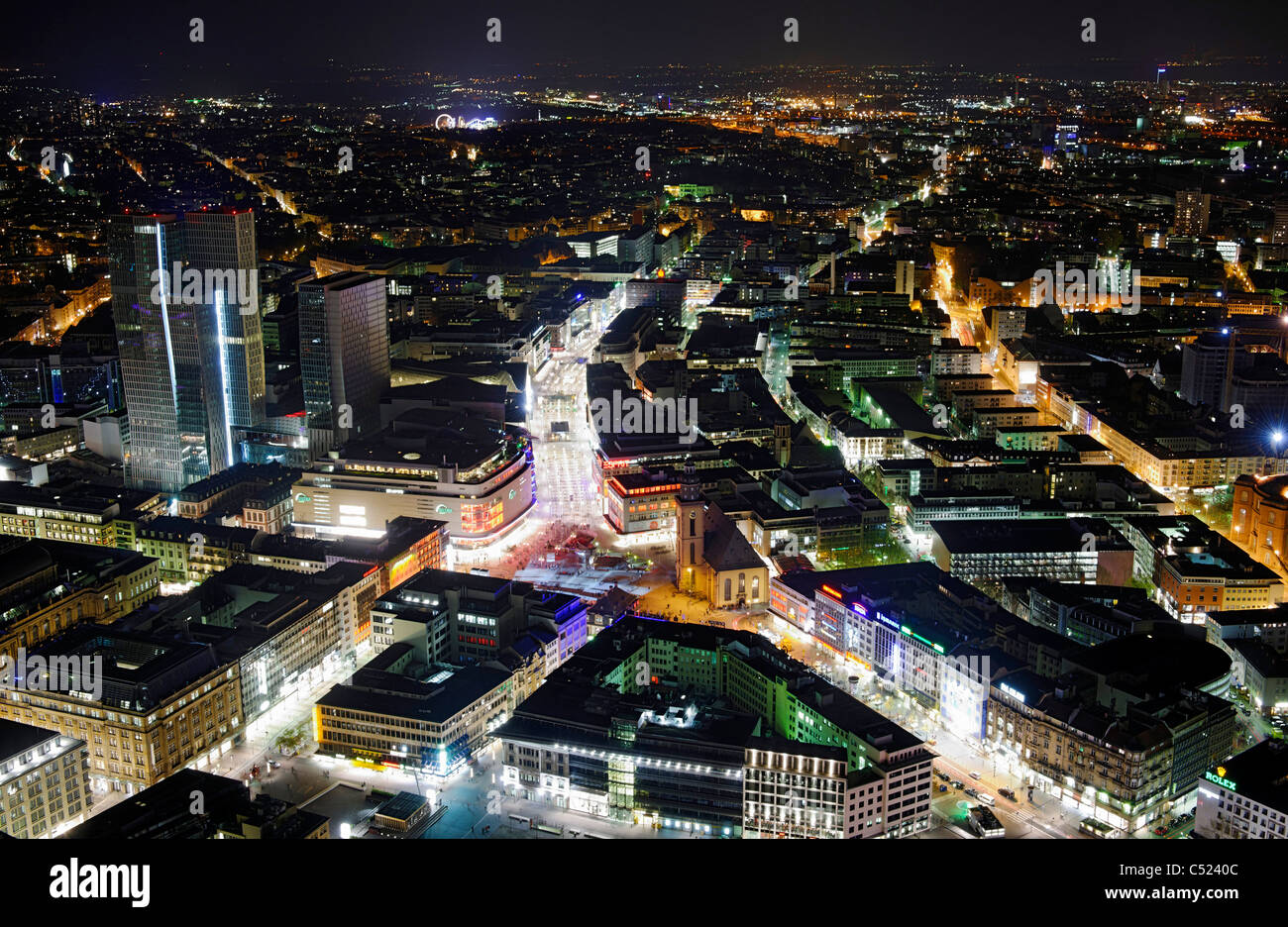 Panoramic view from the Main Tower across Frankfurt am Main at night