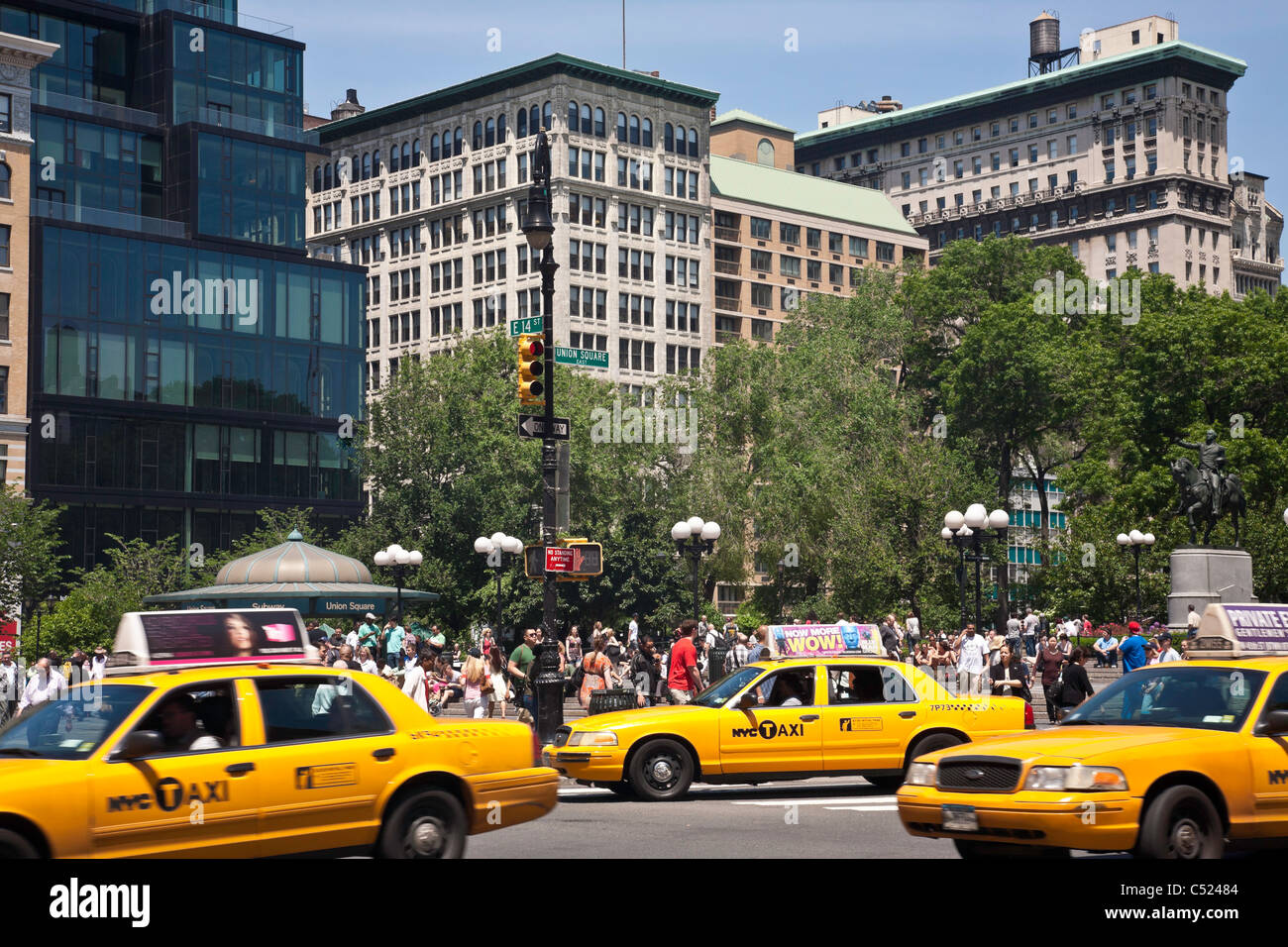 Union Square,14th Street Scene and Taxis, NYC Stock Photo