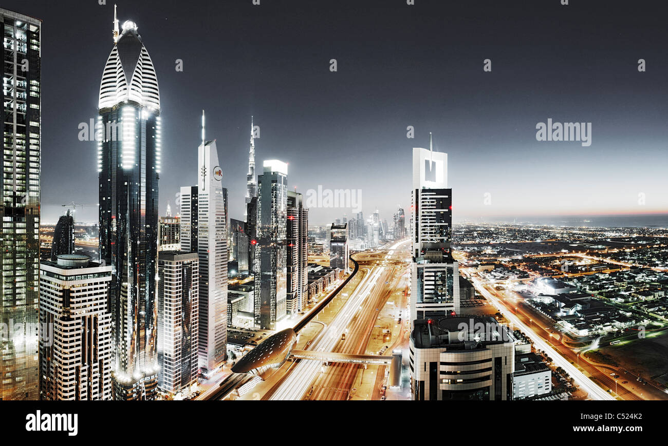 Evening at the Persian Gulf, traffic, city, downtown Dubai, Dubai, United Arab Emirates, Middle East Stock Photo