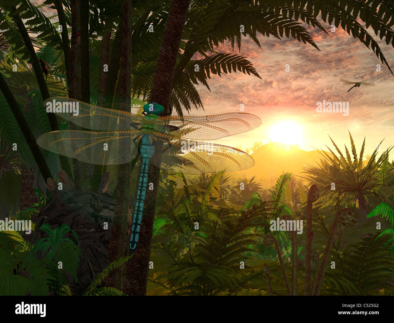 A giant Meganeura with a 30-inch wingspan witnesses a sunrise. Stock Photo
