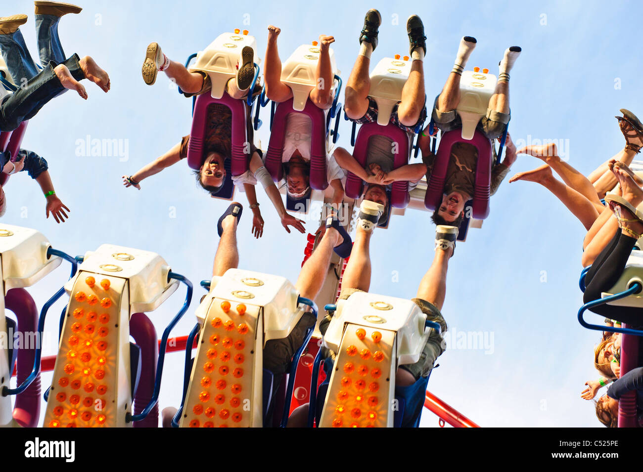 Crowds enjoy the fair rides on a hot day at Hop Farm Festival, Hop Farm ...