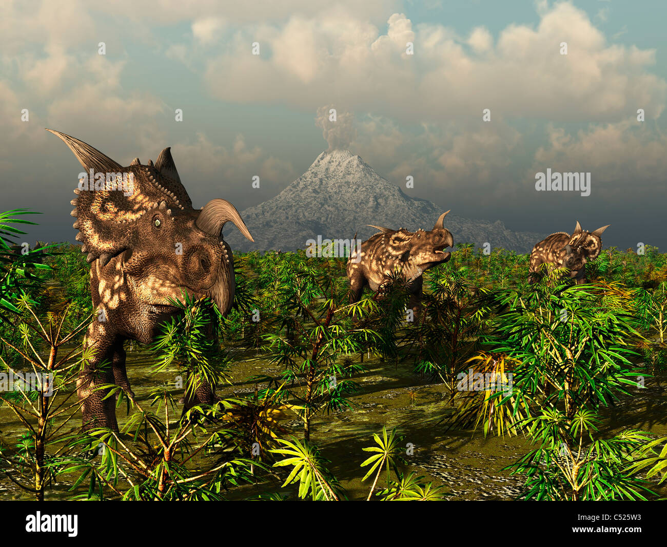 A herd of plant-eating Einiosaurus roam the plains. Stock Photo