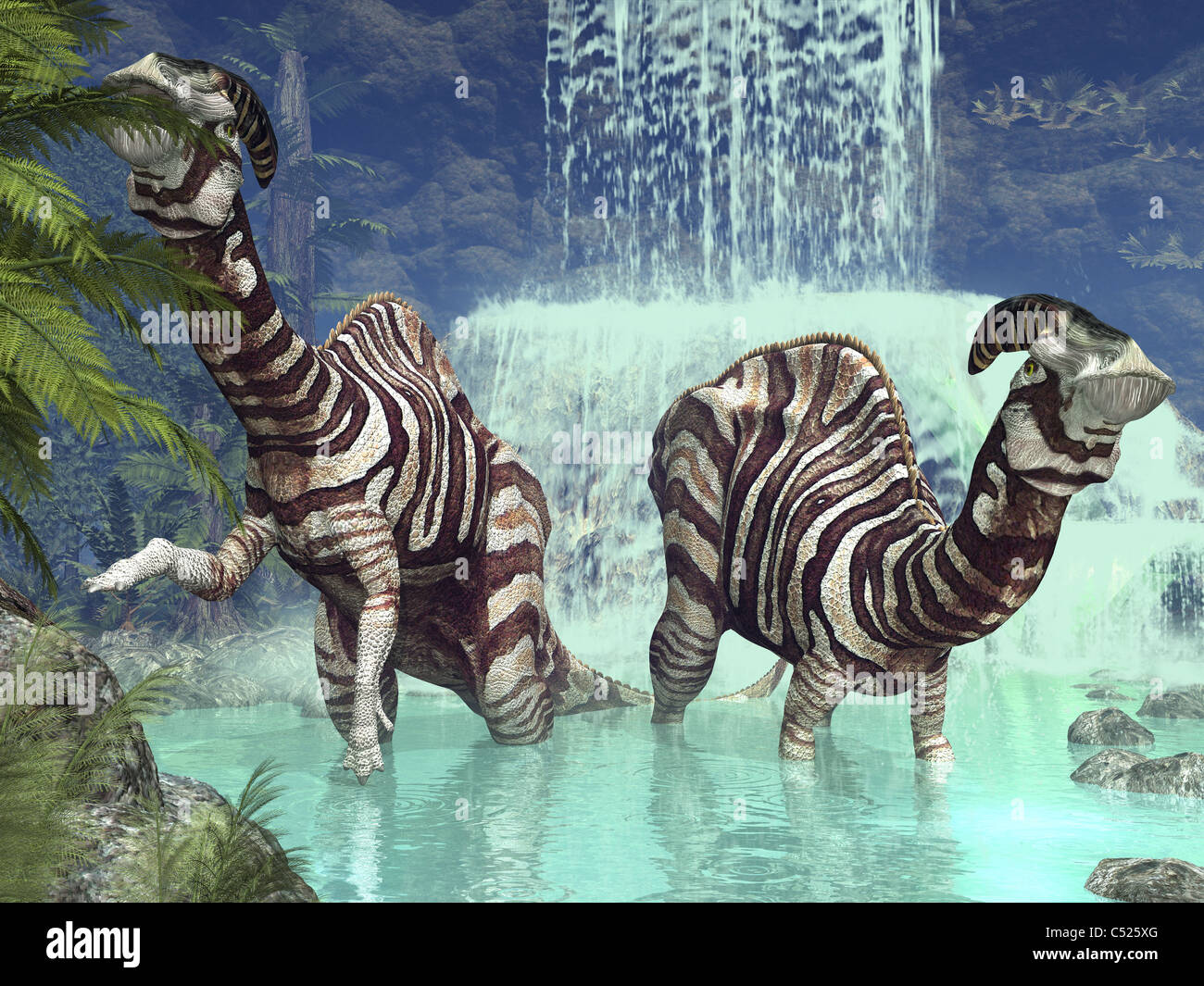 A pair of Parasaurolophus feed on flora near a waterfall. Stock Photo