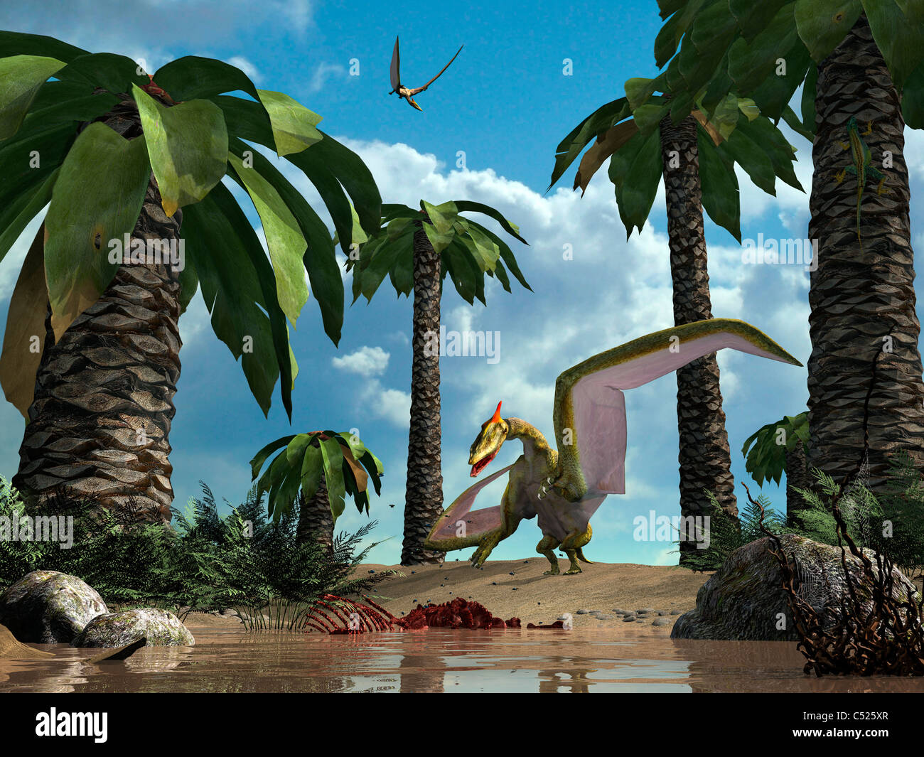 A pterosaur flying reptile lands next to some carrion. Stock Photo