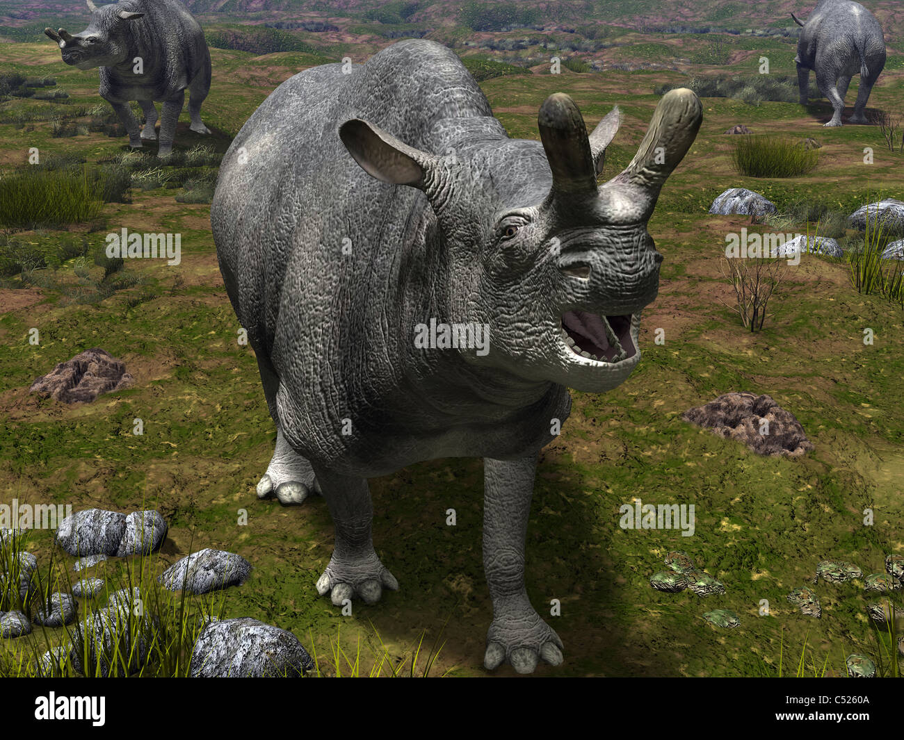 A Brontotherium leaves his forest habitat in search of a meal. Stock Photo