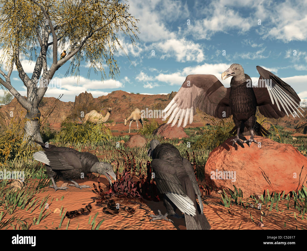 Pleistocene Black Vultures feed on carrion. Stock Photo