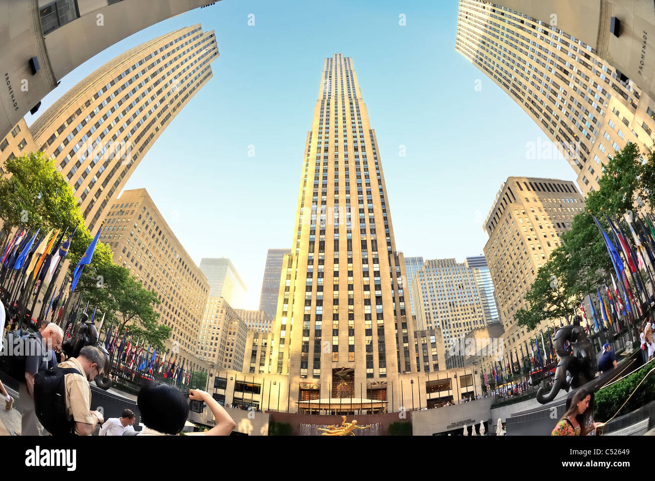 Rockefeller Center Plaza, GE Building, Manhattan, New York City, USA, 2011 (180 degree fisheye lens view) Stock Photo
