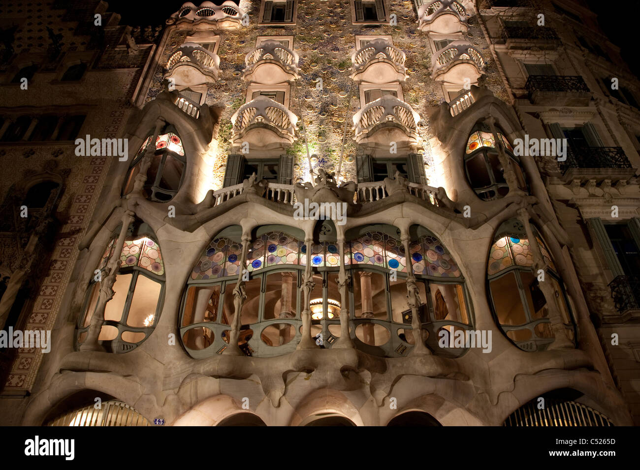 Casa Batllo House by Gaudi illuminated at night in Barcelona, Catalonia, Spain Stock Photo