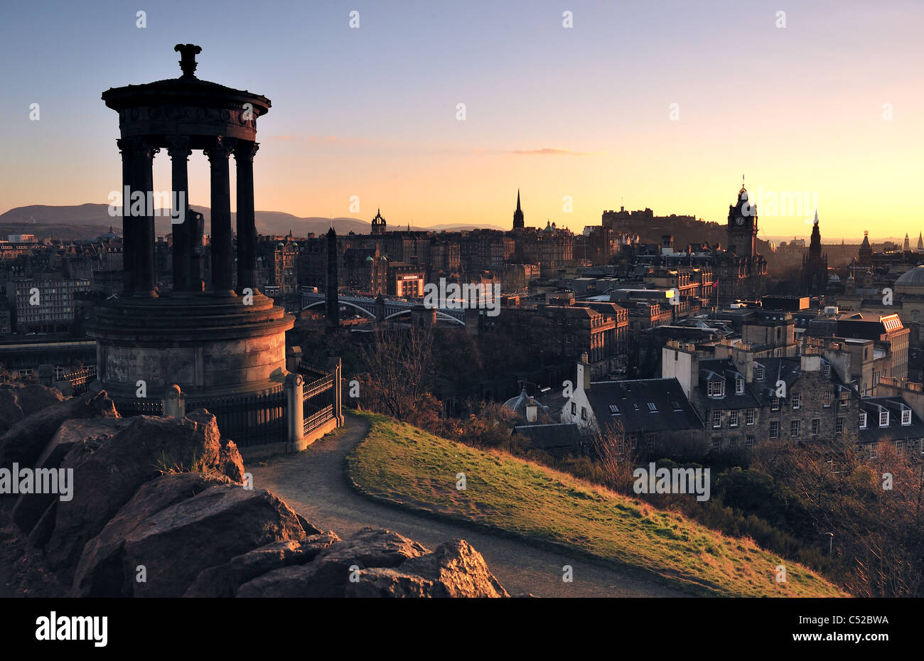 A view over Edinburgh from Calton Hill at sunset Stock Photo