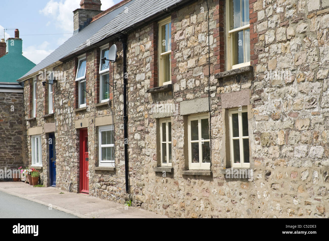 Traditional Victorian terraced houses in village of Llangattock Powys