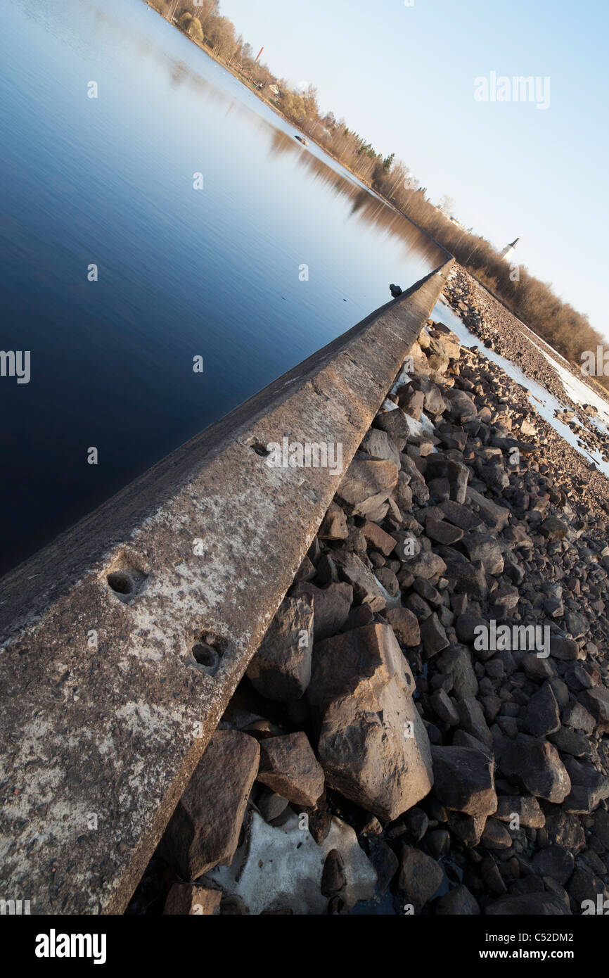 Submerged dam for controlling the water level in River Oulujoki , Finland Stock Photo