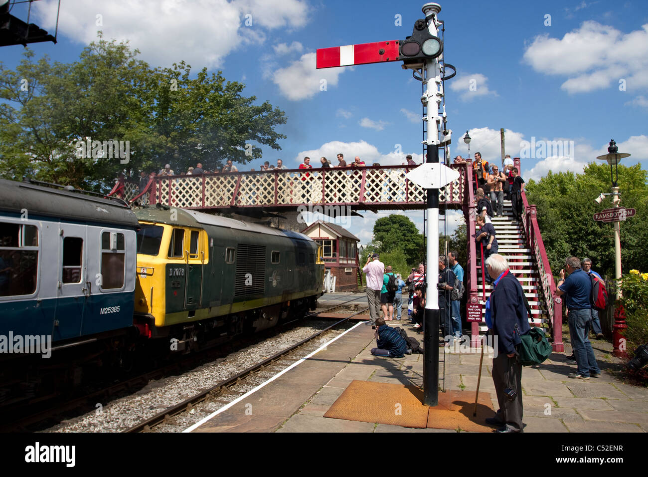 Ramsbottom vintage Station with restored Diesel Trains at the ELR East Lancashire Railway Heritage Trust Gala Weekend July, 2011 Stock Photo