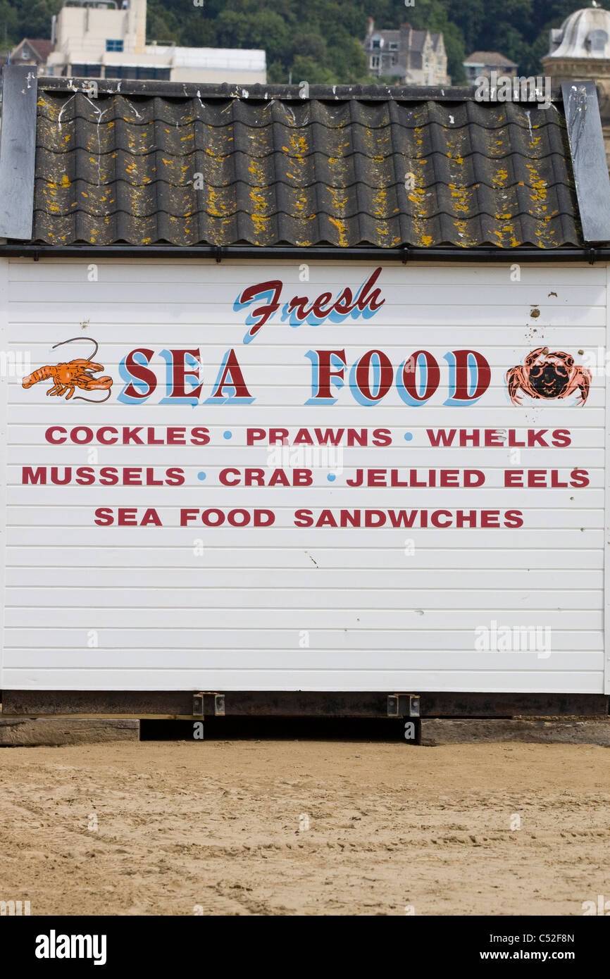 A Beach shop selling Sea food on the beach at Weston Supermare England
