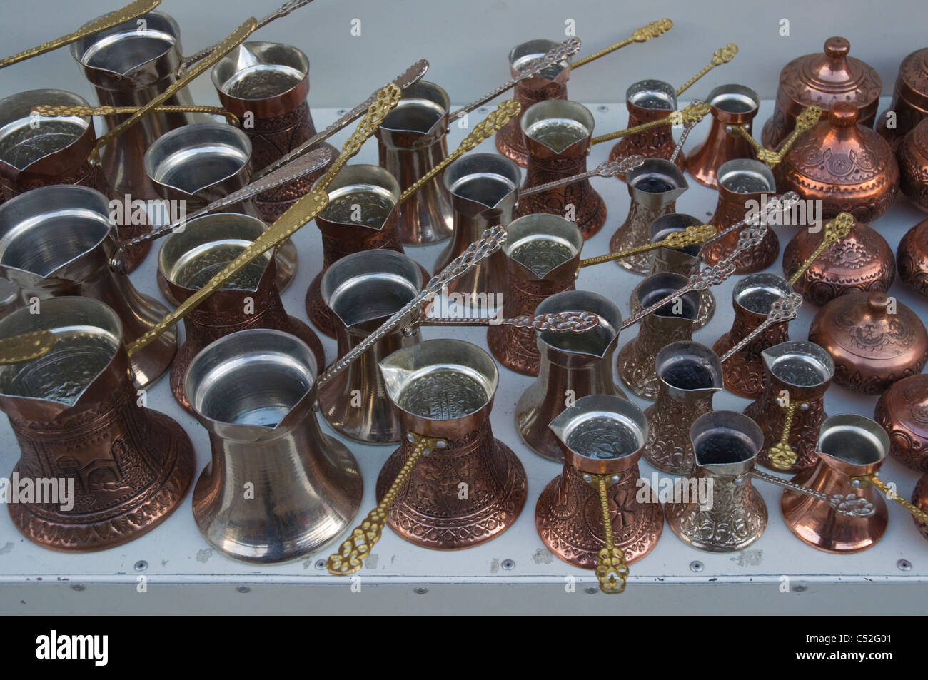 Traditional copper coffee brewing pots Mostar city Bosnia and Herzegovina Europe Stock Photo