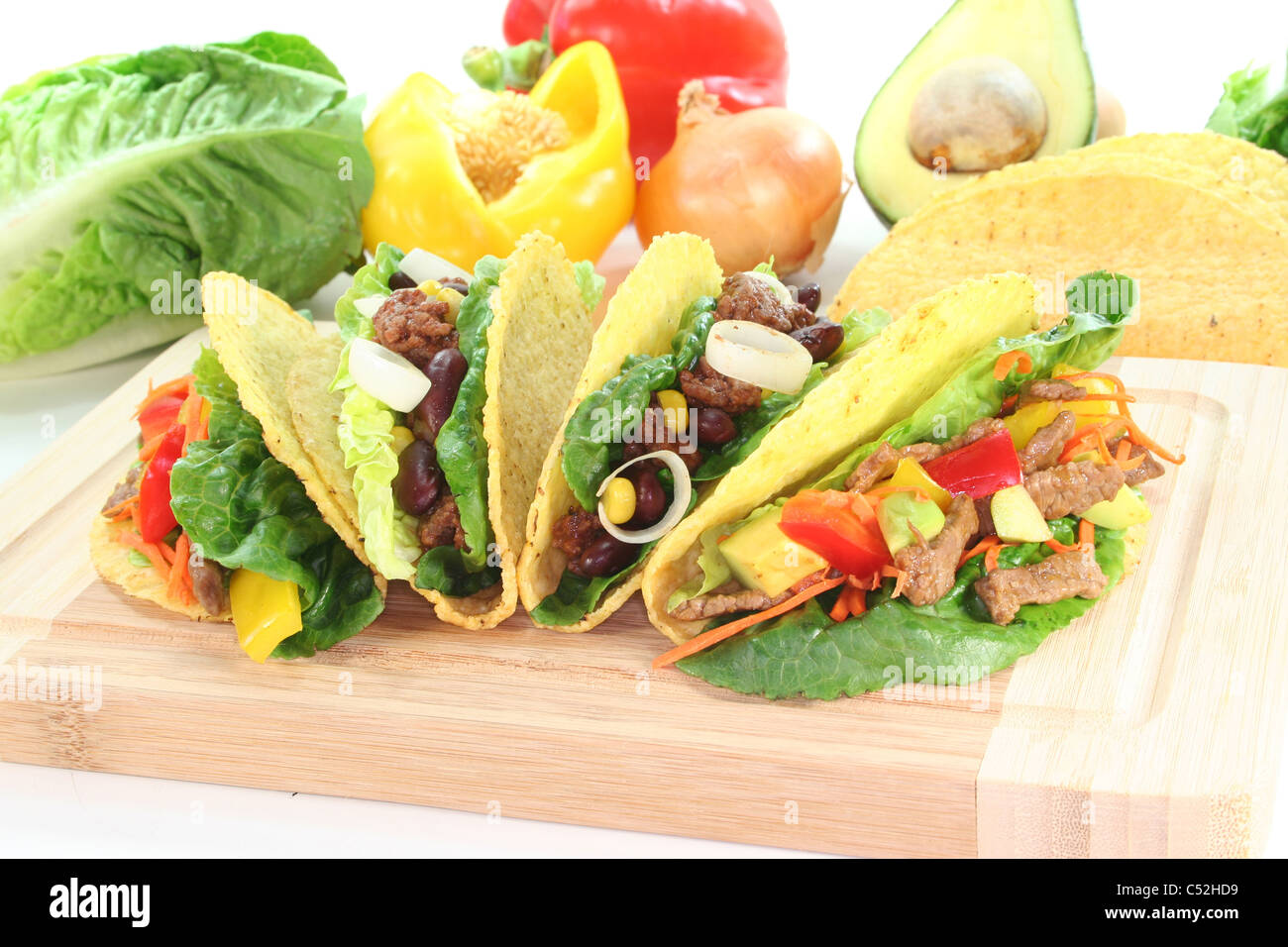 Mexican tacos with beef, ground beef, lettuce, red kidney beans and