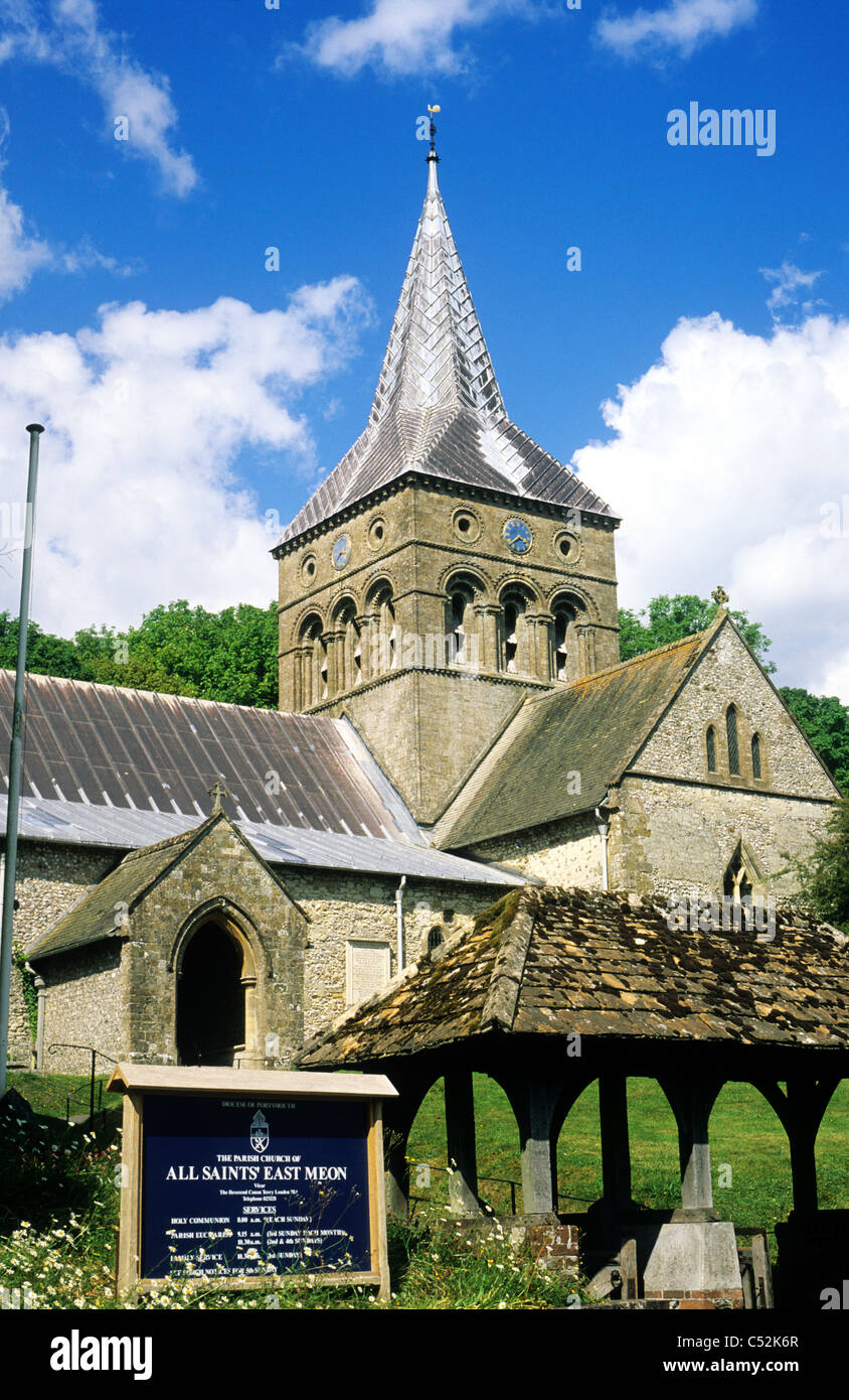 East Meon, All Saints Church, Hampshire England UK English churches Meon Valley central Norman tower towers 12th century Stock Photo