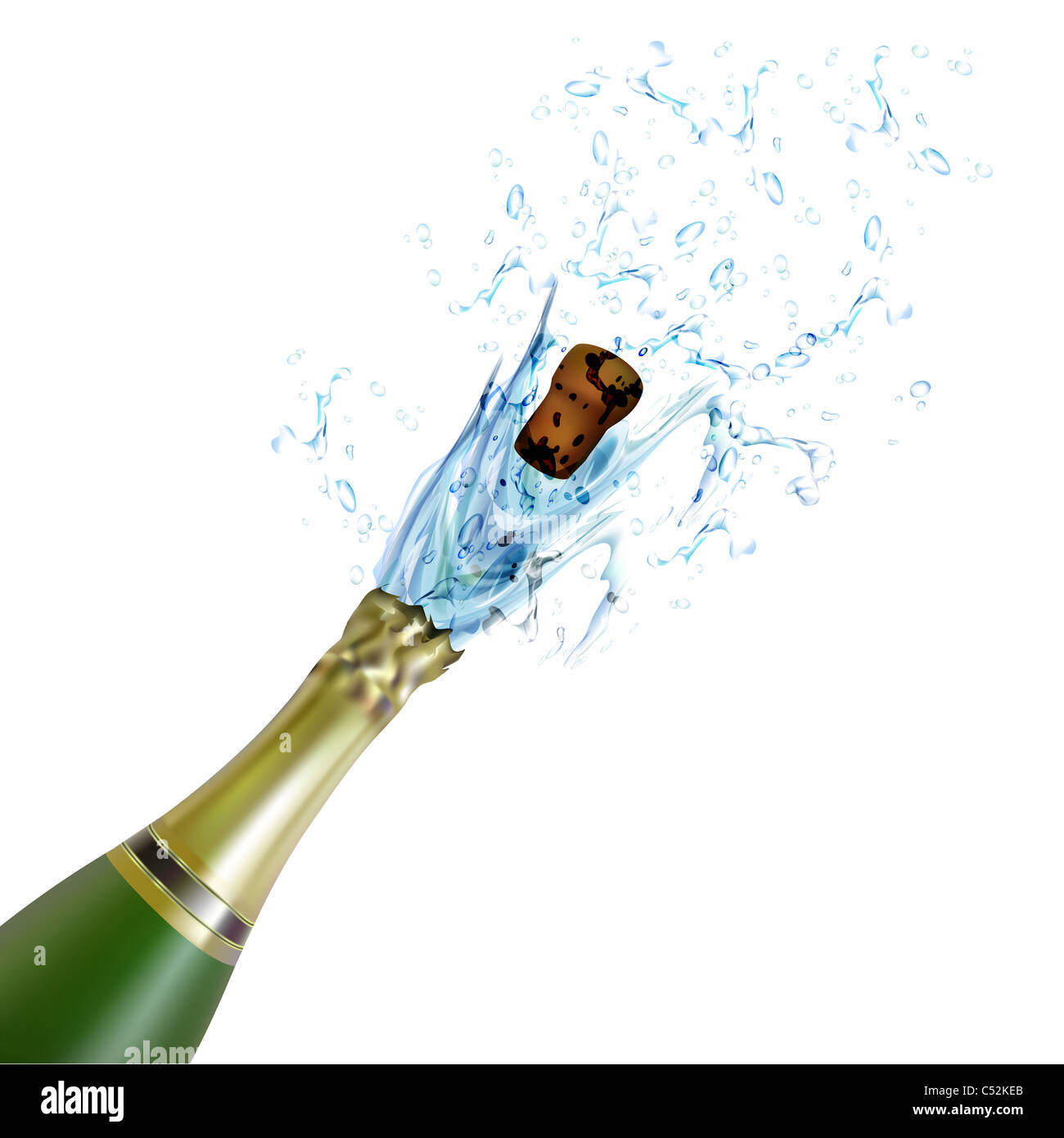 illustration of explosion of champagne bottle cork on isolated