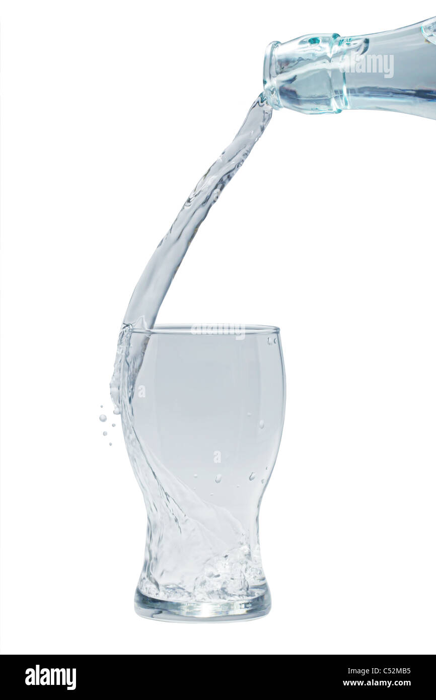 Glass bottle of clean water dropping into a glass isolated on white