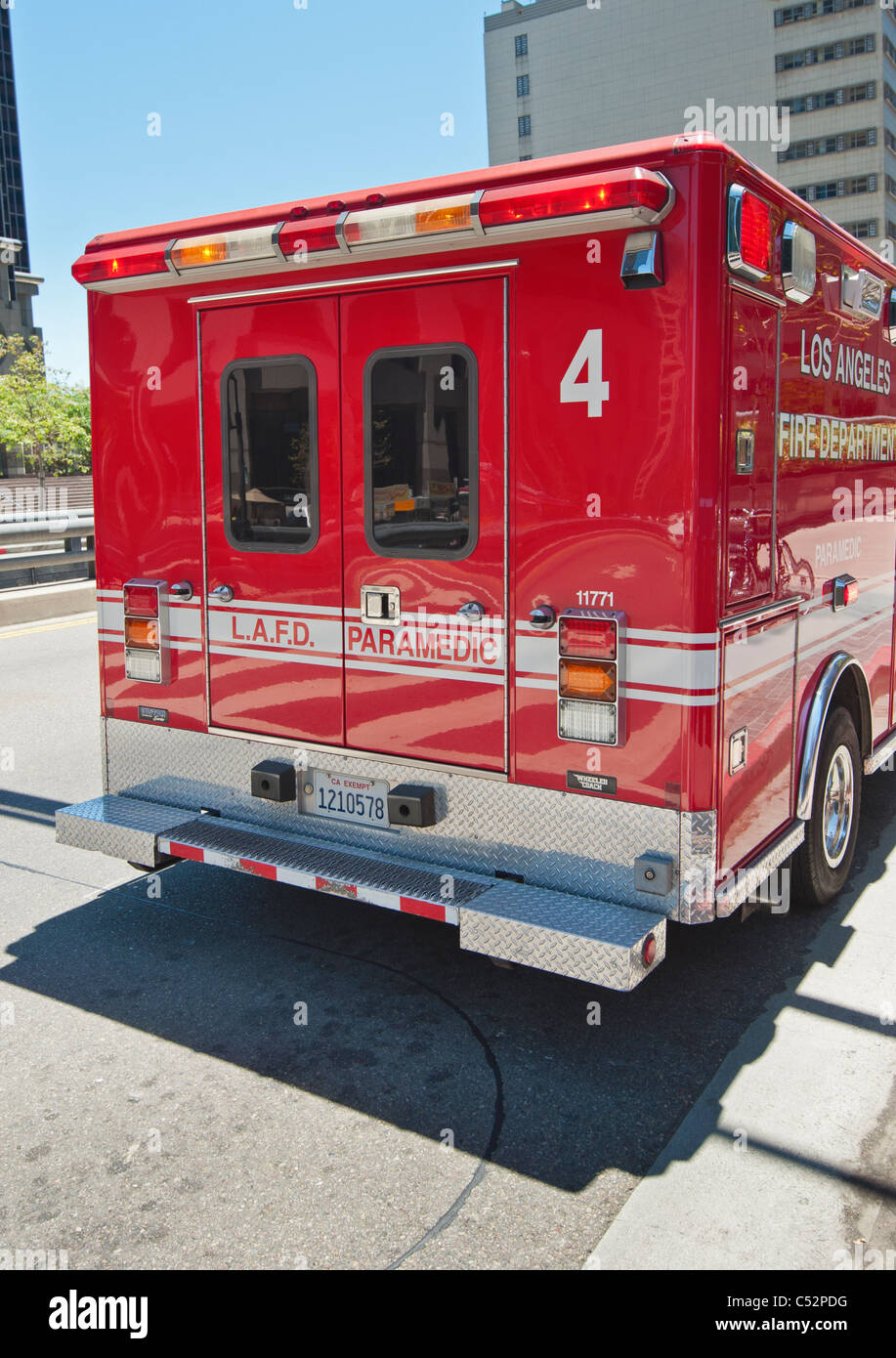 Los Angeles Fire Department Paramedic responding to a call in the financial district of Downtown Los Angeles. Stock Photo