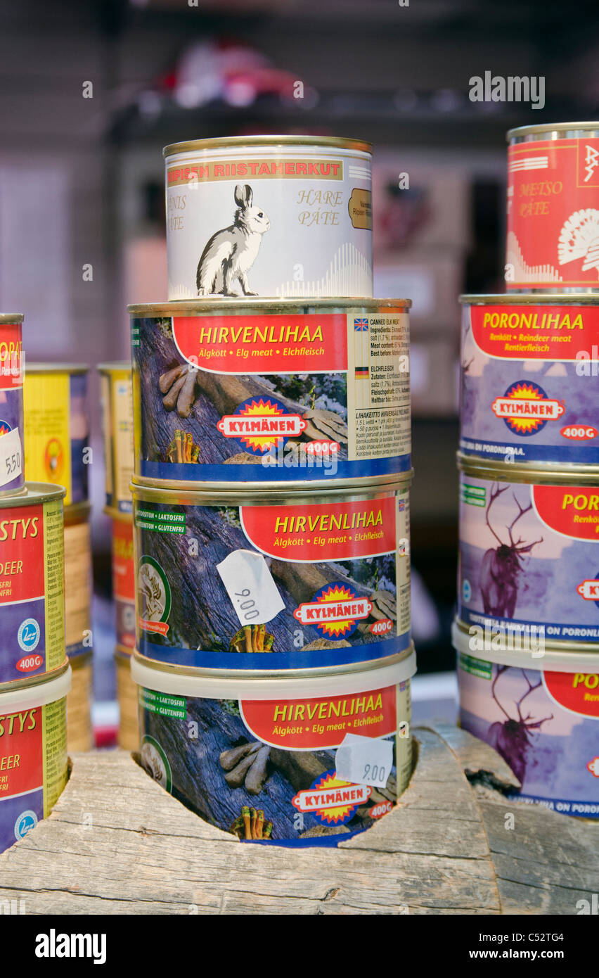 Unusual tinned food stacked in the Old Market Hall, Helsinki, Finland Stock Photo