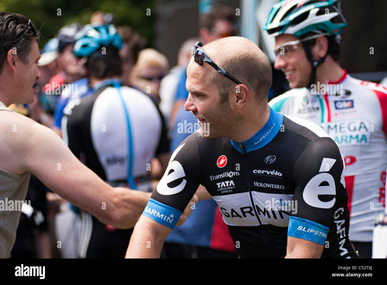 Roger Hammond preparing for the British National Road Cycling Championship in Stamfordham 2011 Stock Photo