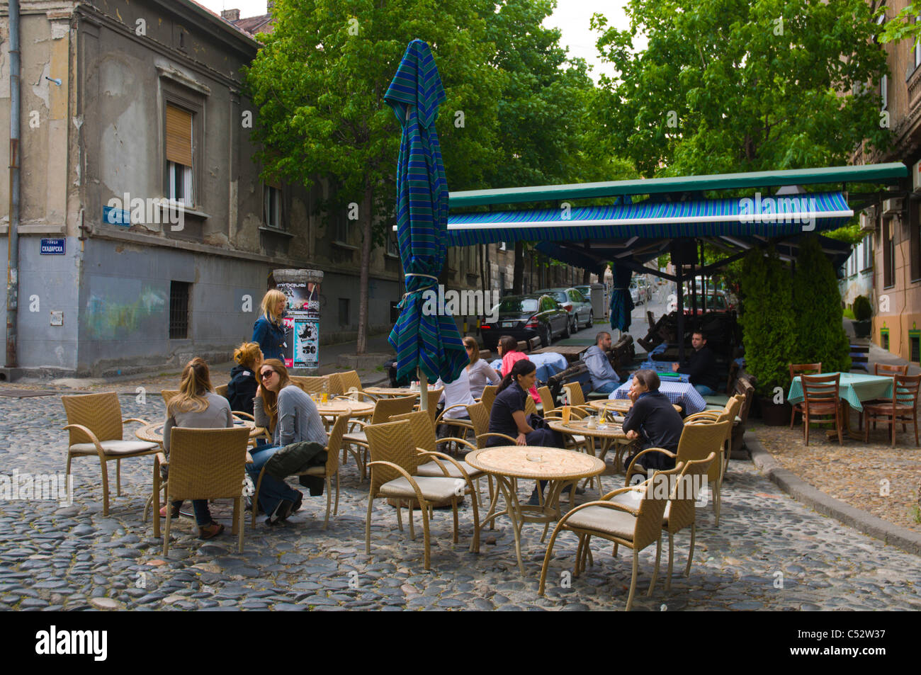 Cafe terrace Skadarska street Skadarlija district Belgrade capital of Serbia Europe Stock Photo