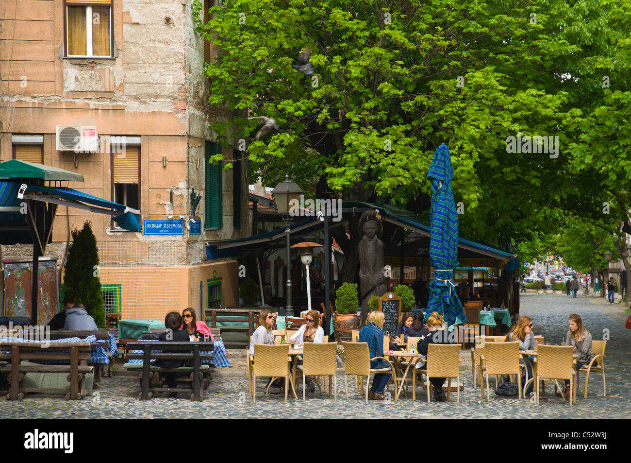 Cafe terrace Skadarska street Skadarlija district Belgrade capital of Serbia Europe Stock Photo