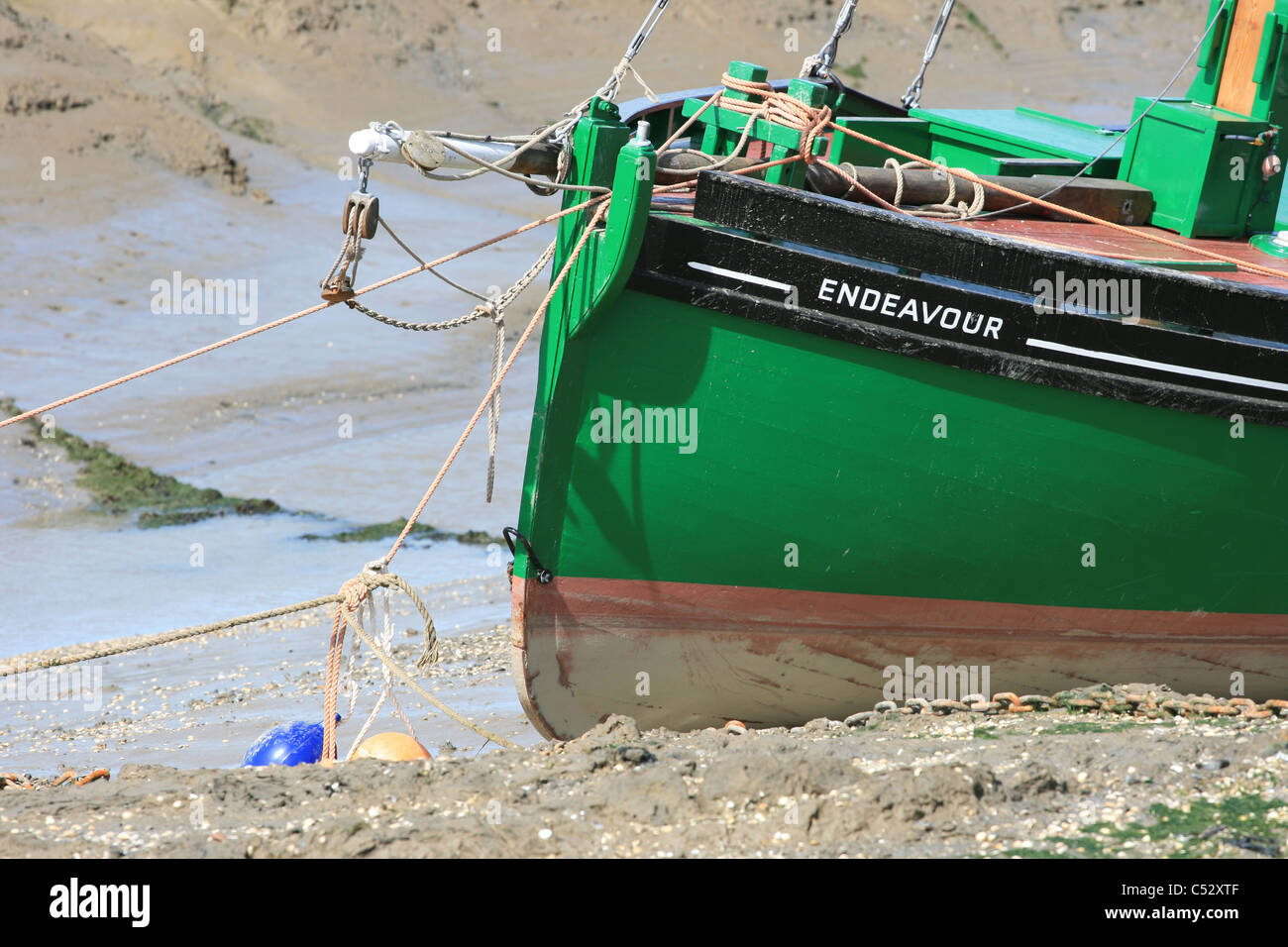 The bow of the cockle boat Endeavour moored at Leighonsea. It was