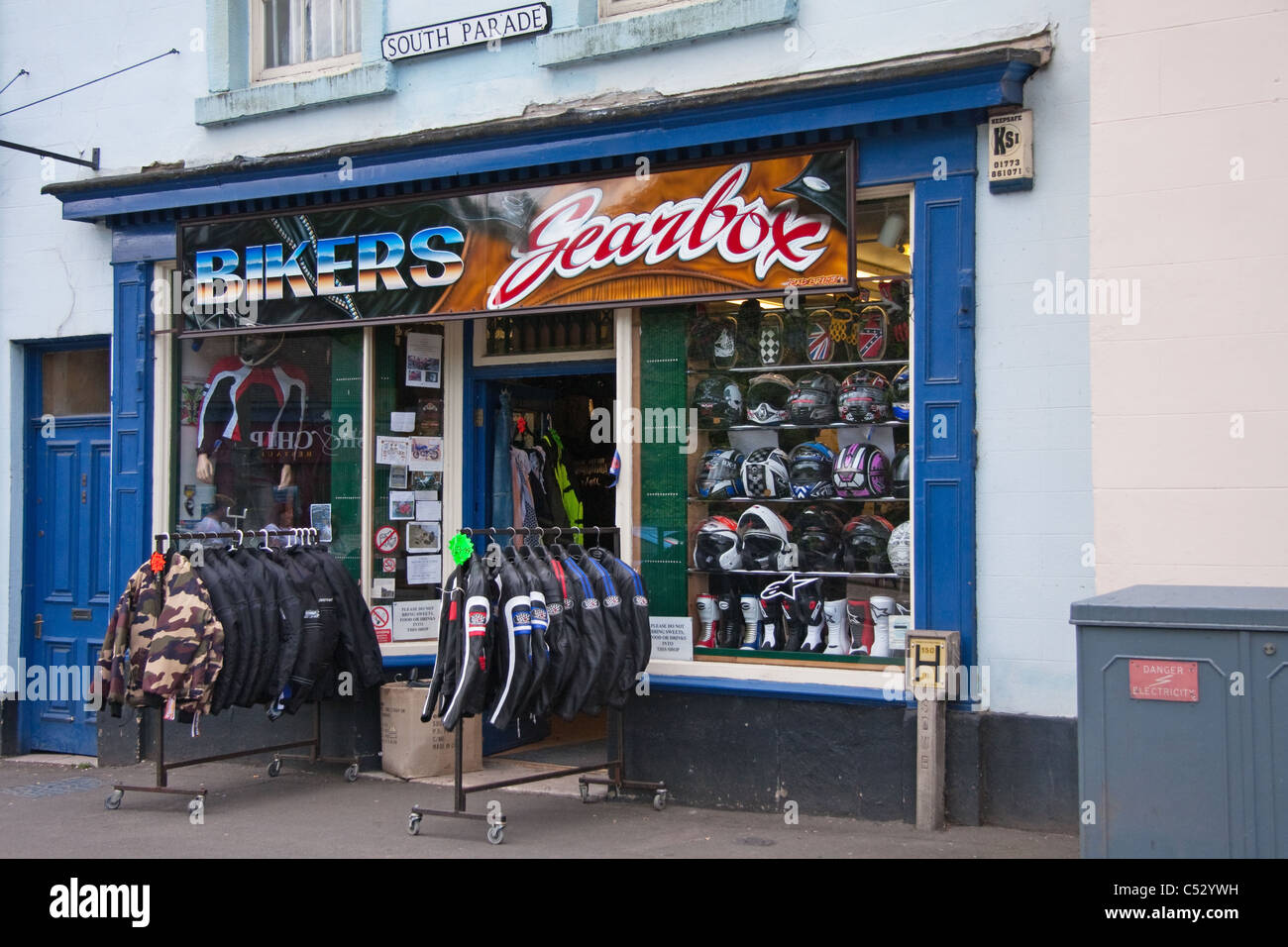 Bikers Gearbox, motorcycling clothing supplies shop, Matlock Bath Stock
