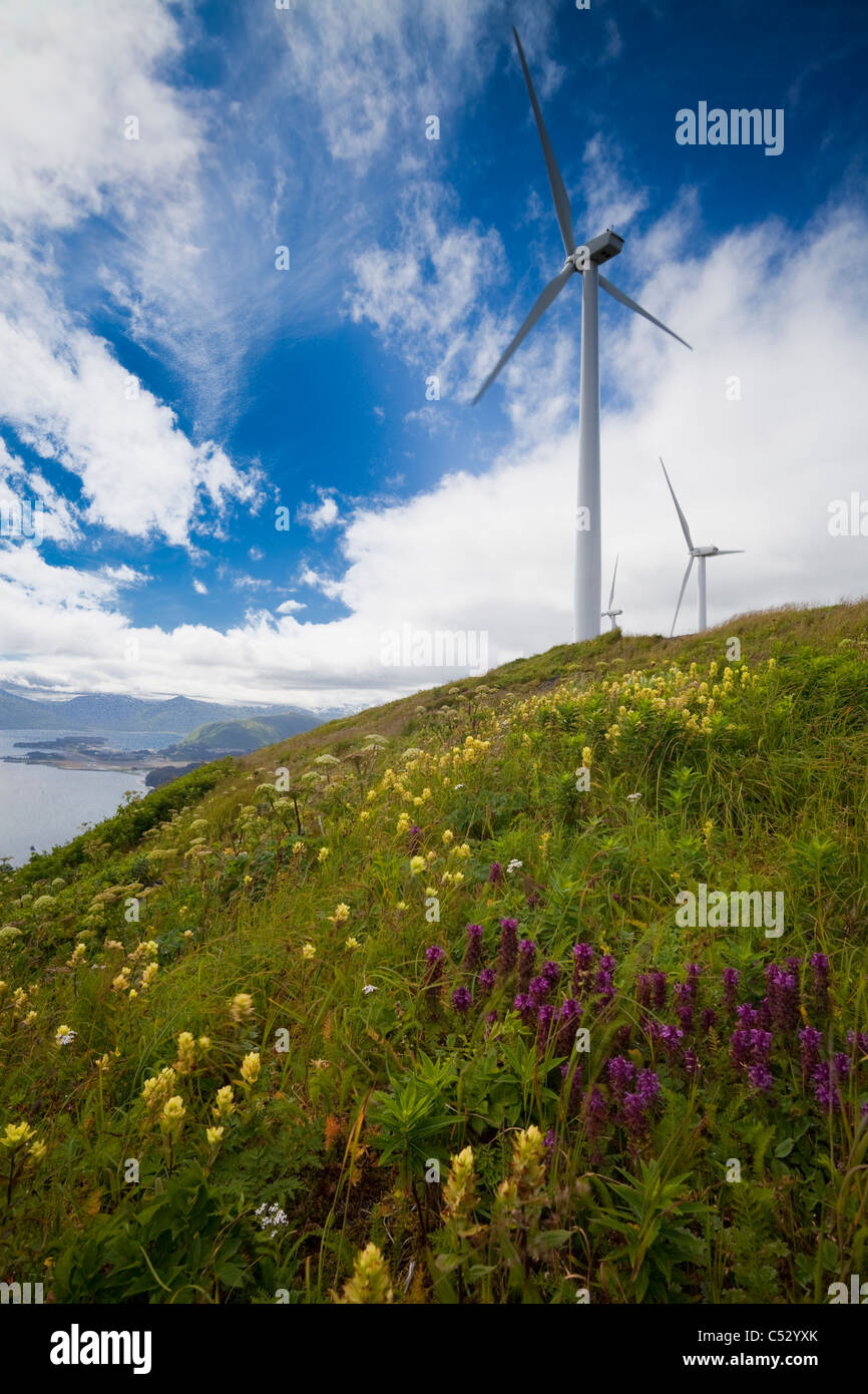 Pillar Mountain Wind Project wind turbines stand on Pillar Mountain on Kodiak Island, Southwest Alaska, Summer Stock Photo