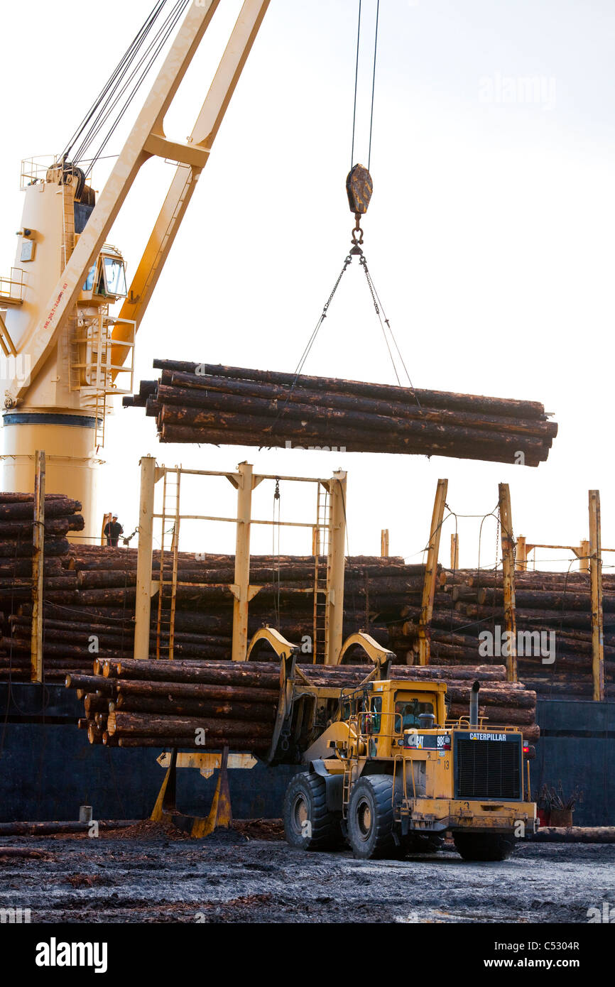 Log ship being loaded with Sitka Spruce from Chiniak and Sequel Point at LASH dock in Women's Bay, Kodiak Island, Alaska Stock Photo