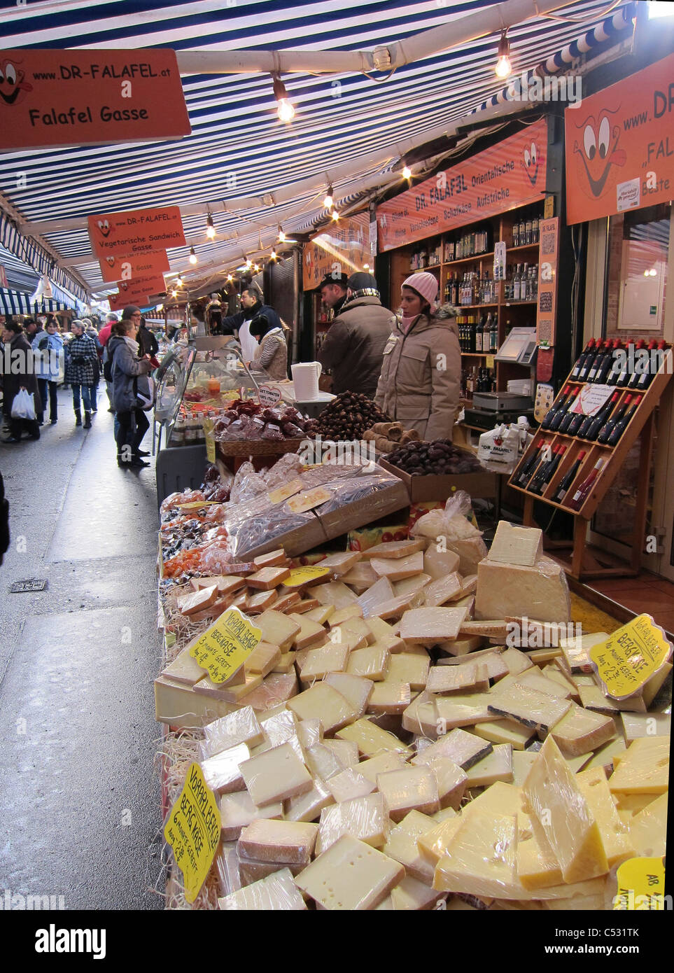 Cheeses and wines for sale in the Naschmarkt. Vienna, Austria Stock