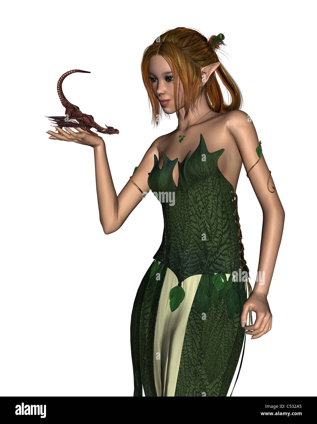 Elf Woman and Pet Dragon Stock Photo