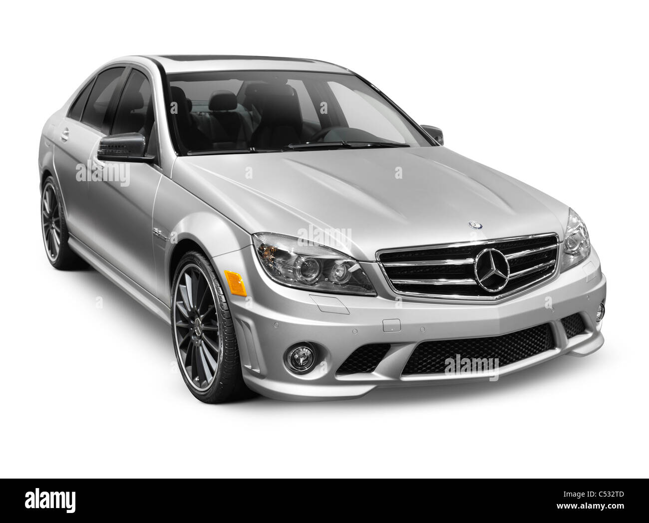 License available at MaximImages.com - 2011 silver Mercedes-Benz C63 AMG C-class sedan Affalterbach edition. Isolated car on white background with cli Stock Photo