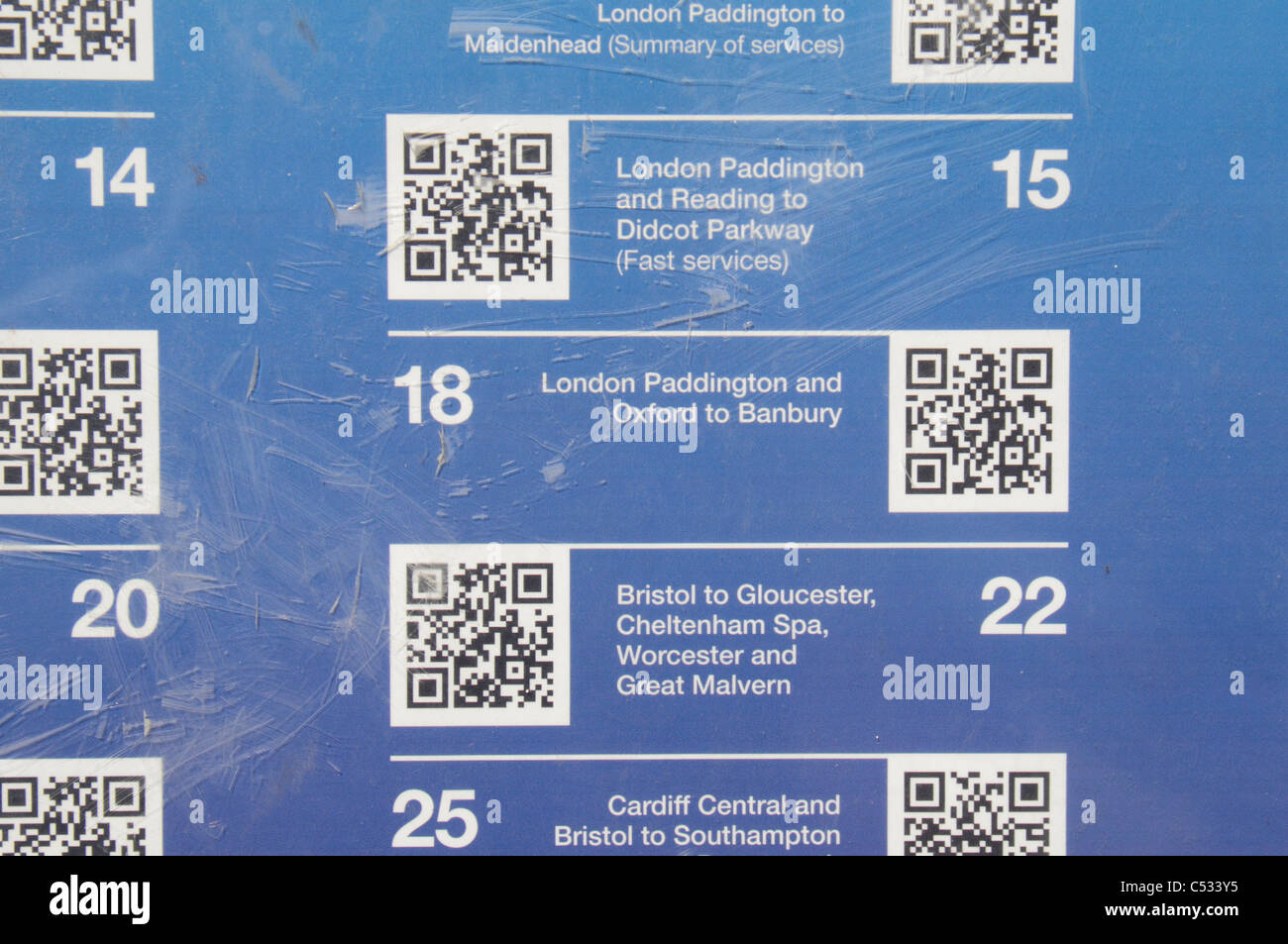 QR (Quick Response) smartphone codes for train timetables outside Dorchester West mainline station, Dorset, UK. Stock Photo