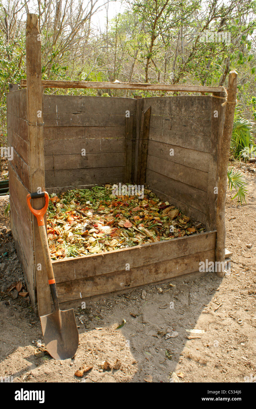 Compost bin and shovel at Hacienda Tres Rios on the Riviera Maya, Quintana Roo, Mexico Stock Photo