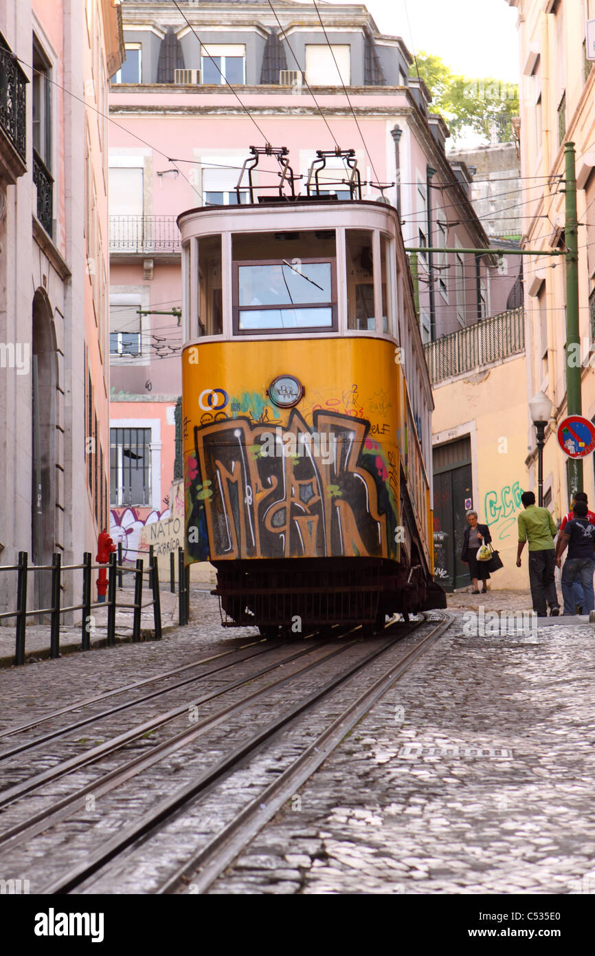 Lisbon Portugal the funicular tram Elevador da Gloria climbs up to Bairro Alto Stock Photo