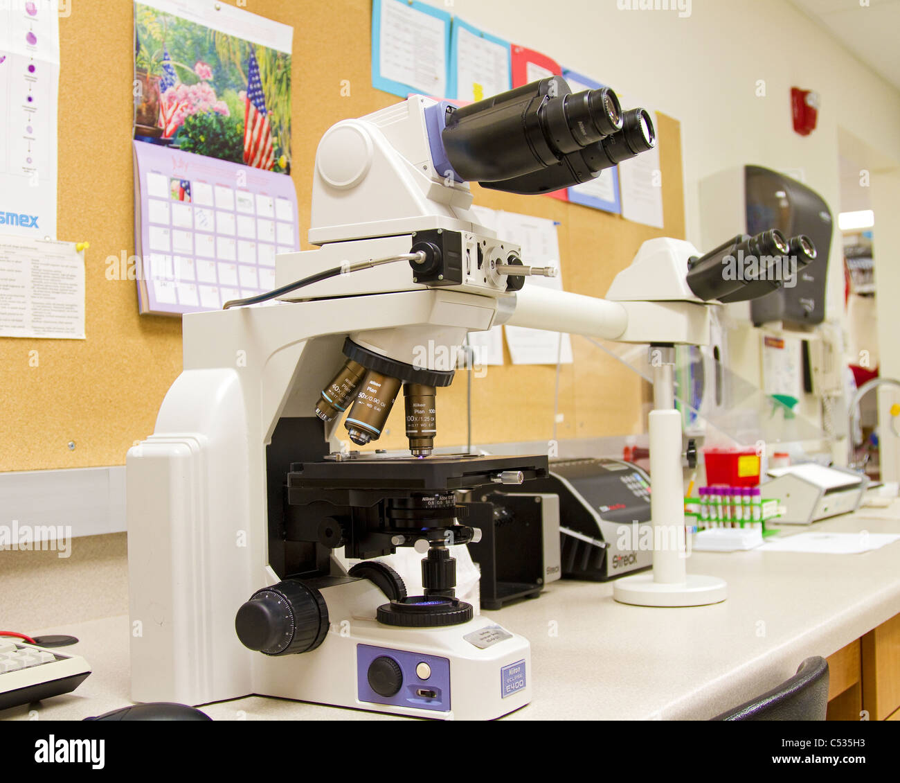 Microscope in laboratory. Stock Photo
