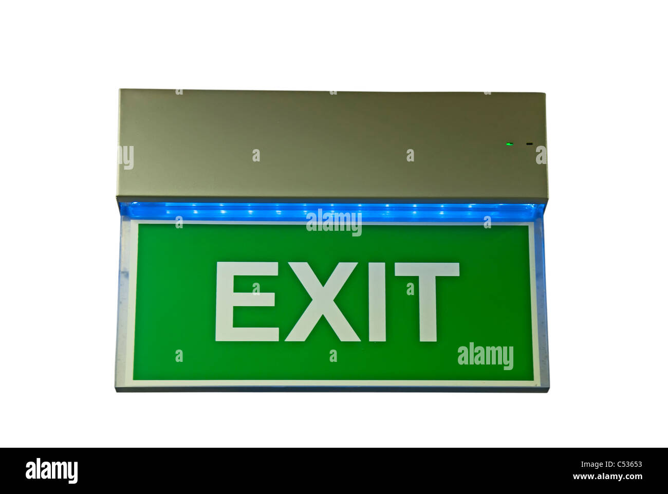 Green emergency exit sign with blue light.Isolated white background Stock Photo