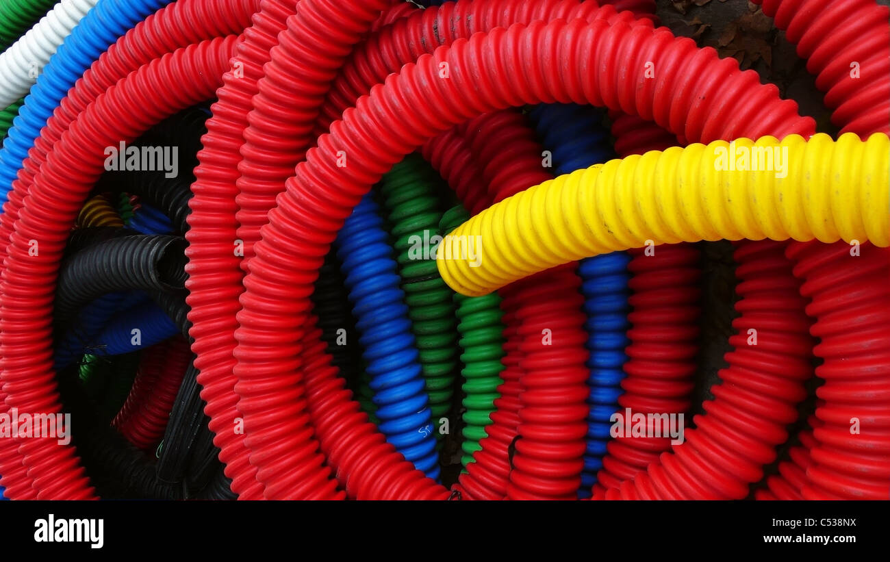 Closeup view of colorful plastic pipes Stock Photo