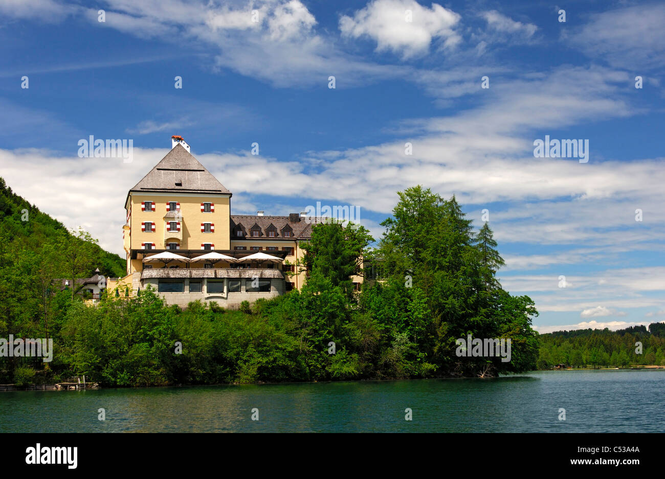 Summer day at Castle Fuschel at Lake Fuschl, Hof, Salzkammergut, Austria Stock Photo