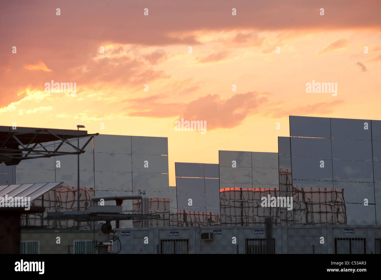 Heliostats, large reflective mirrors directing sunlight to the PS20