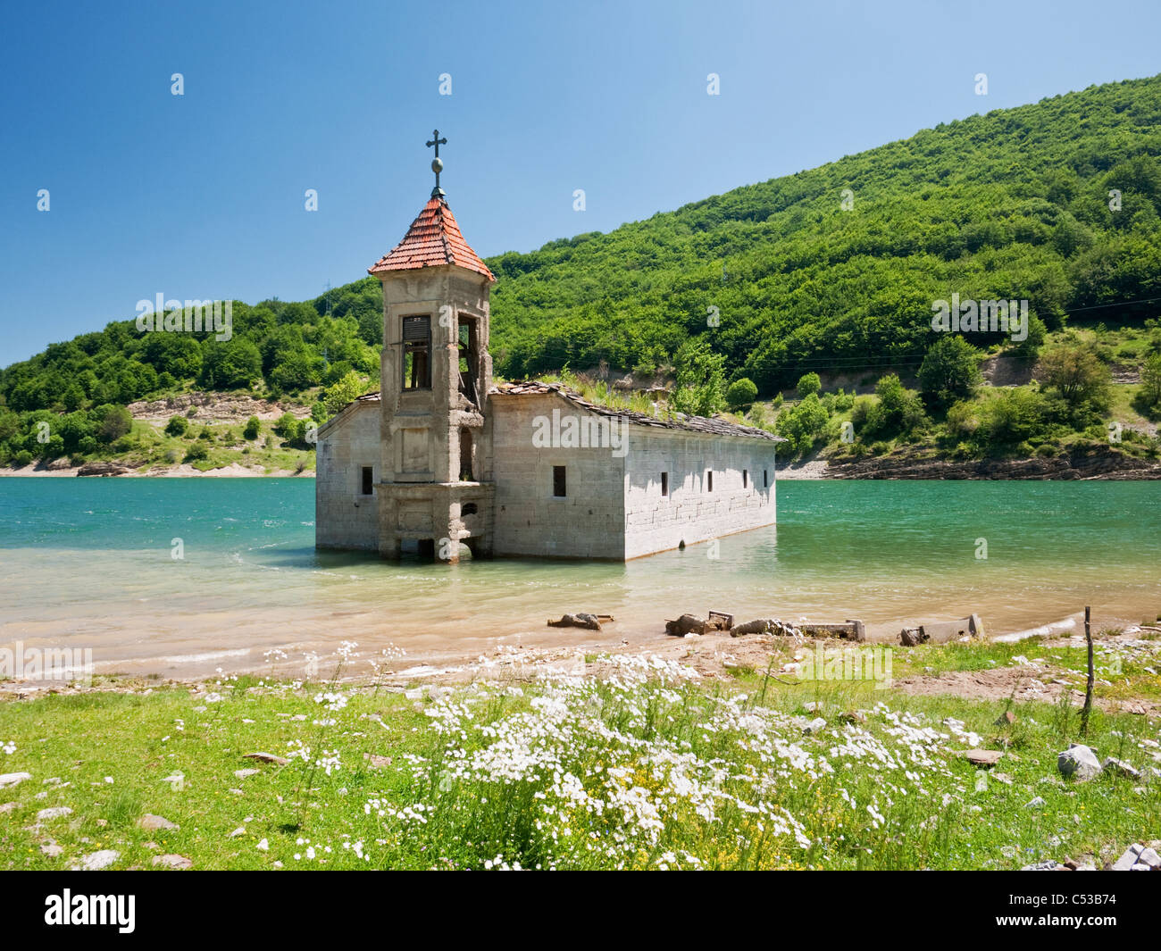 The sunken church of St. Nicholas at Mavrovo, Macedonia - a victim of the Mavrovo reservoir hydroelectric scheme. Stock Photo