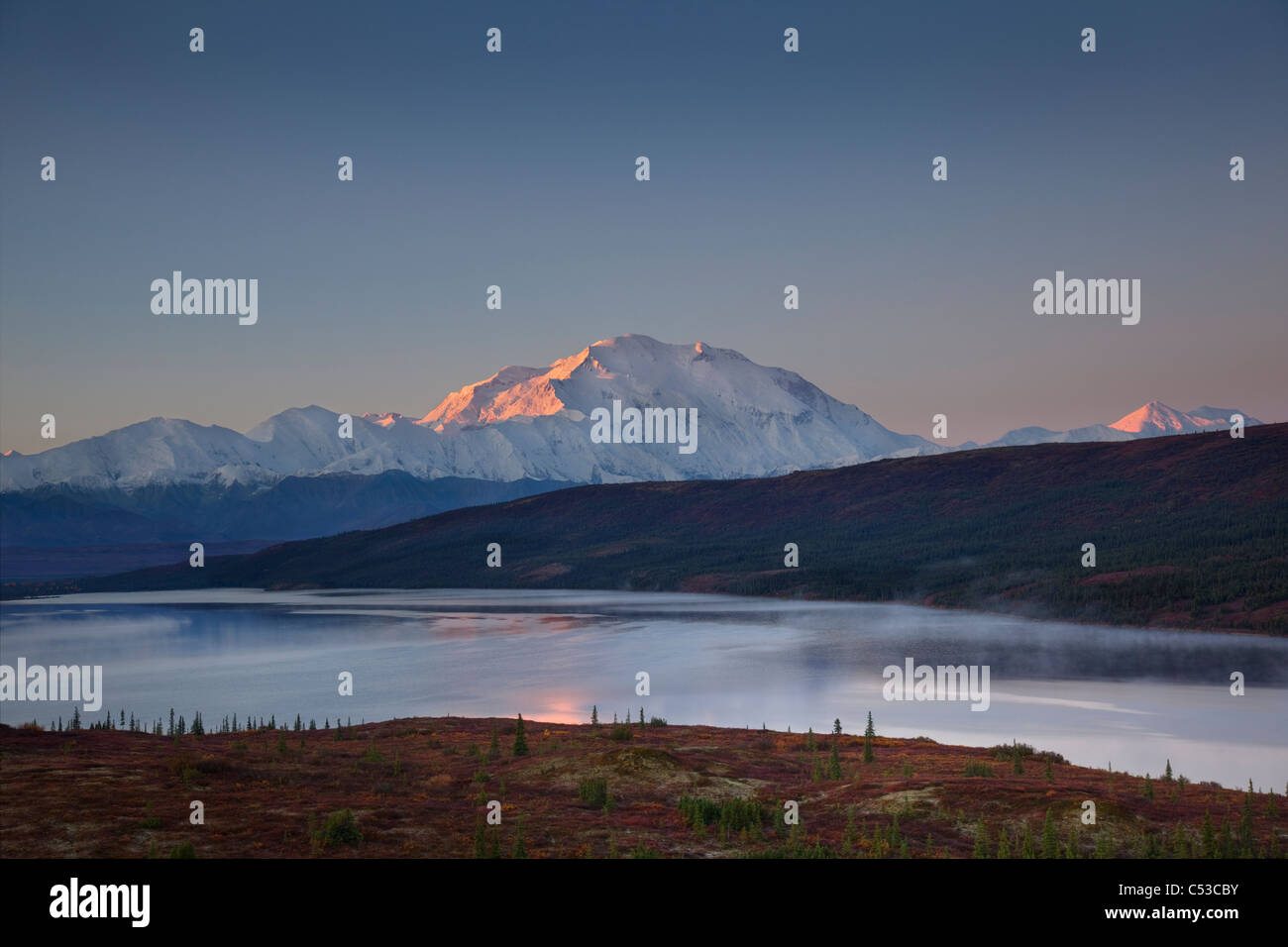 Scenic landscape of Mt. McKinley and Wonder lake in the morning, Denali