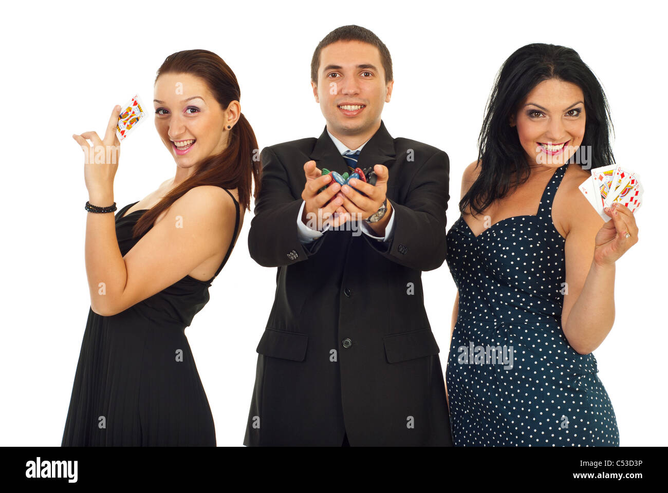 Successful group of three casino gamblers isolated on white background Stock Photo