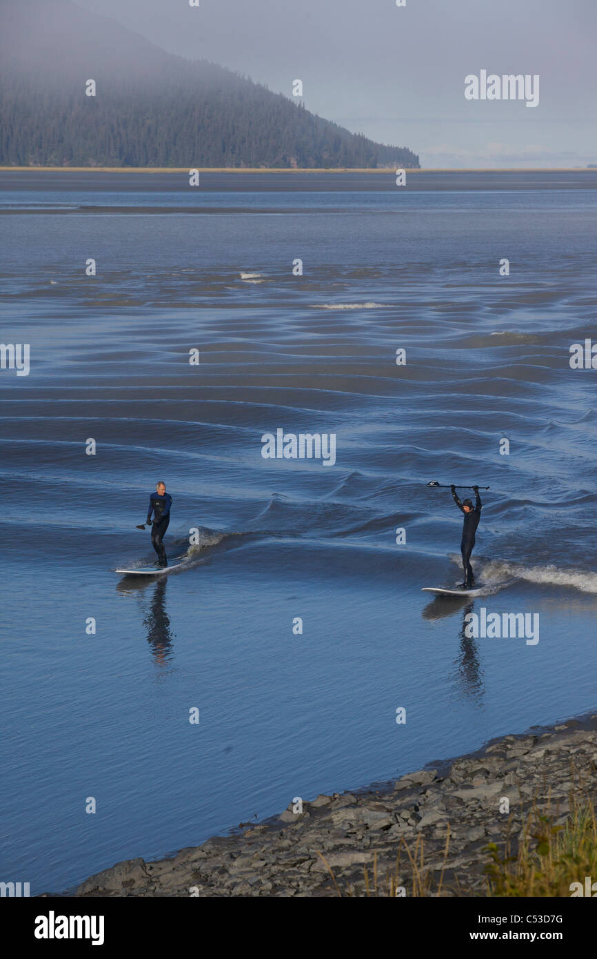 A pair of surfers ride the bore tide in Turnagain Arm near Mile 80 of