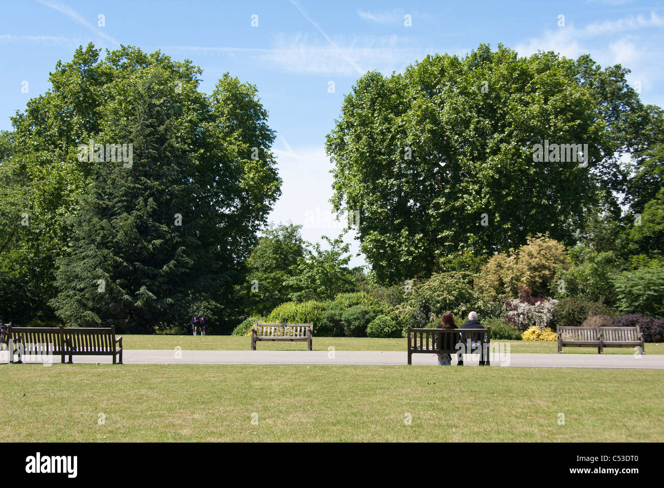 Couple sitting ion a bench in the park Stock Photo