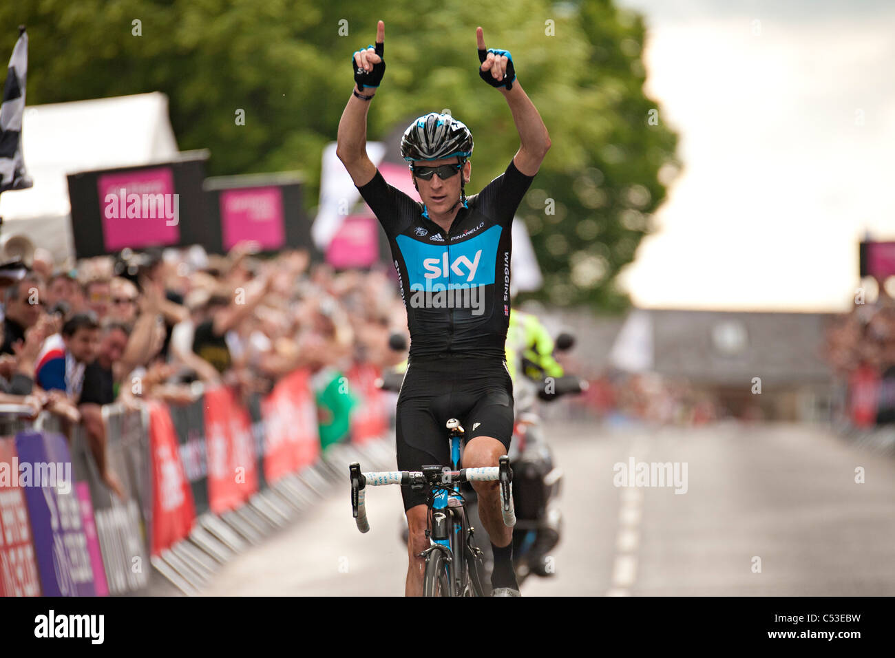 Bradley Wiggins crossing the finish line as the 2011 british road cycling champion Stock Photo