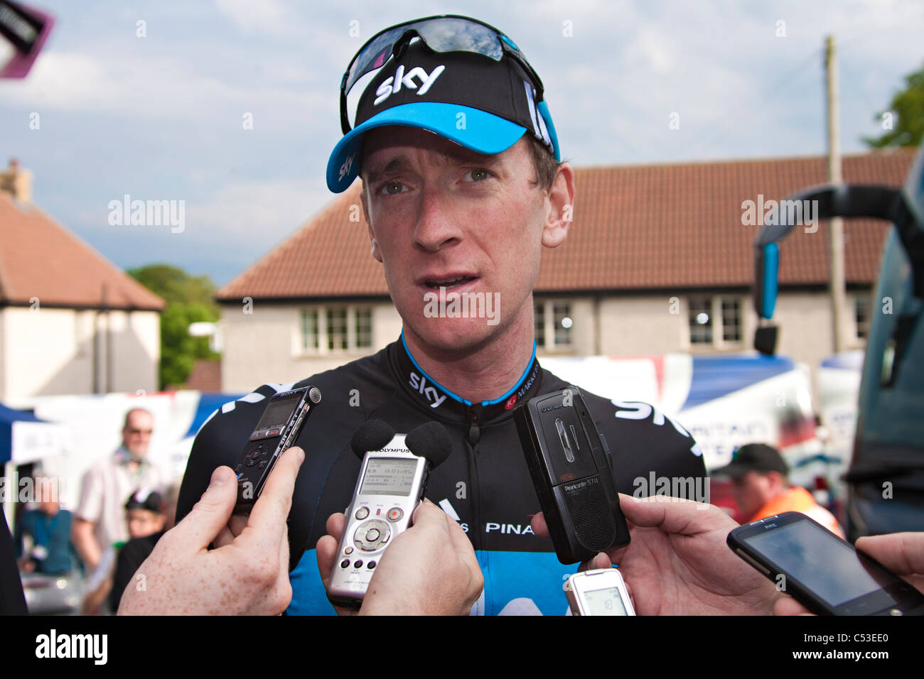 Bradley Wiggins being interviewed after winning the 2011 British National Road Cycling championship Stock Photo